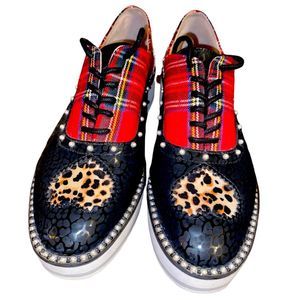 Betsey Johnson Marti Oxford Plaid Leopard Heart Studded Platform Shoes Size 8.5